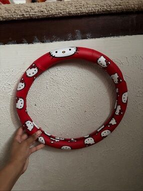 Hello Kitty Red Kids Steering Wheel Cover with White Character Faces